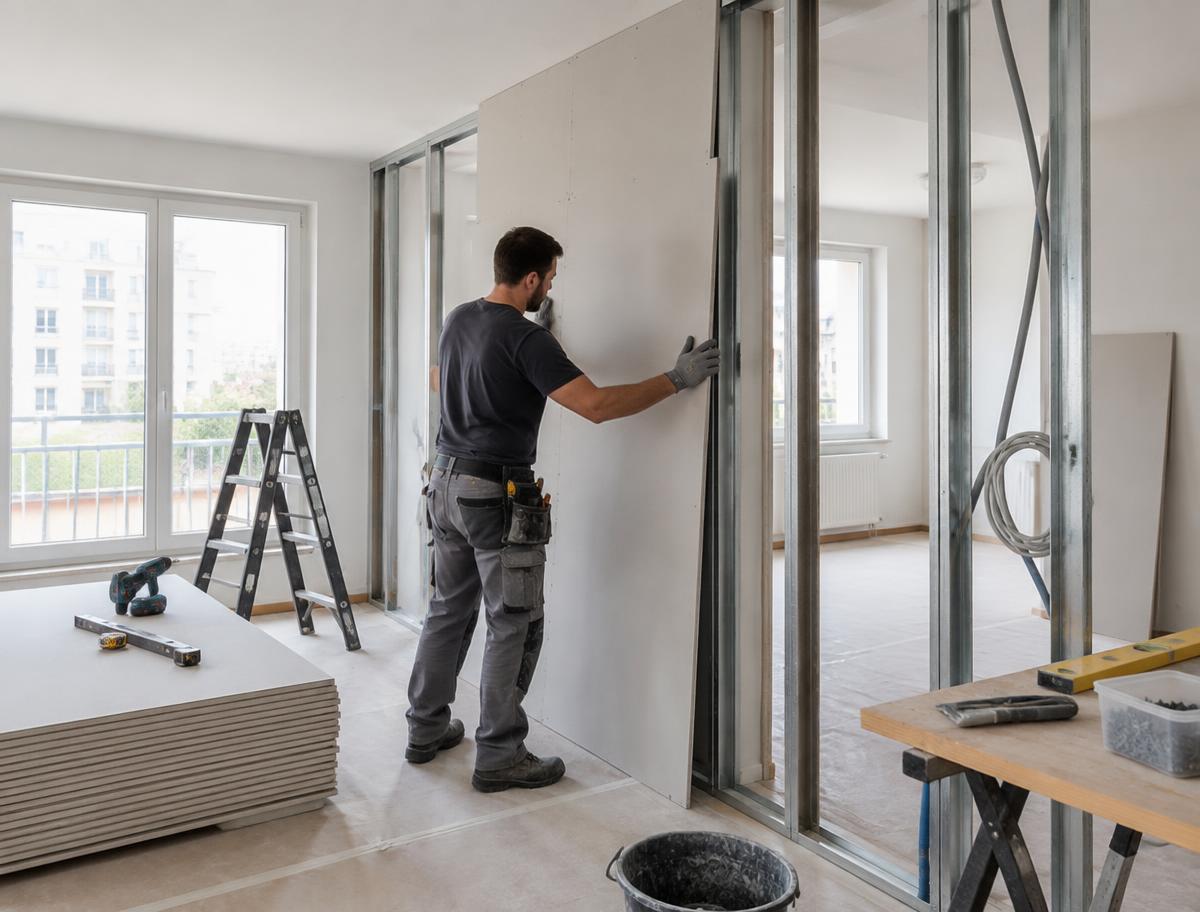 Trockenbau: Einbau einer Gipskartonwand bei einer Innensanierung