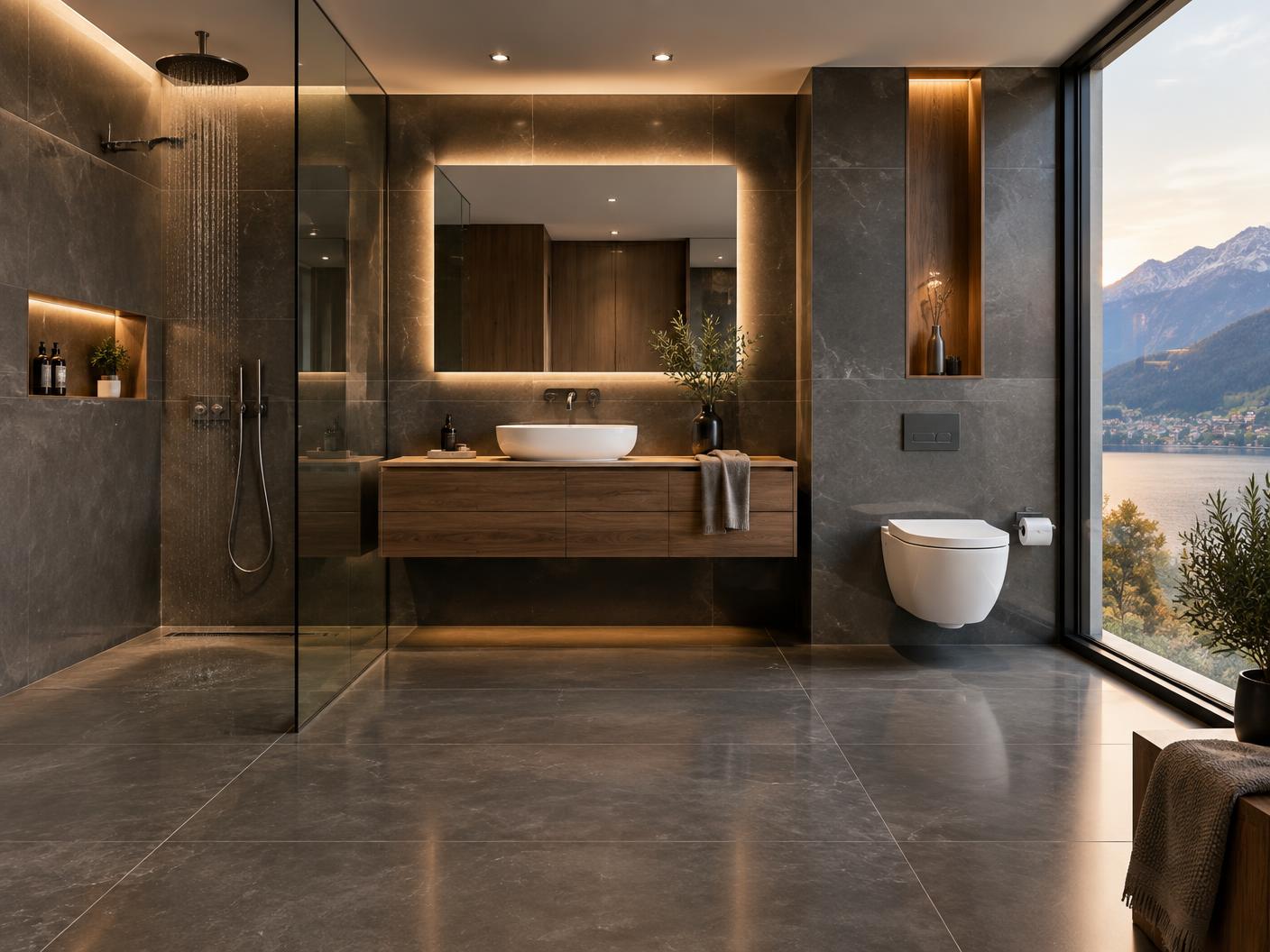 Hochwertiges modernes Komplettbad mit begehbarer Dusche und Holzwaschtisch