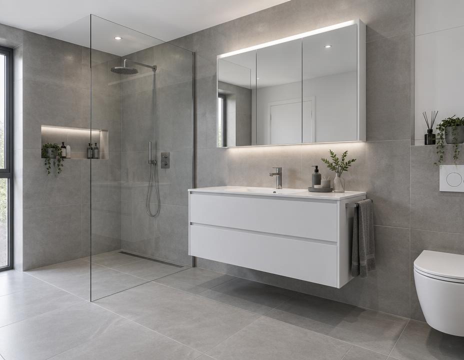 Modernes Bad in Grau- und Weißtönen mit begehbarer Dusche