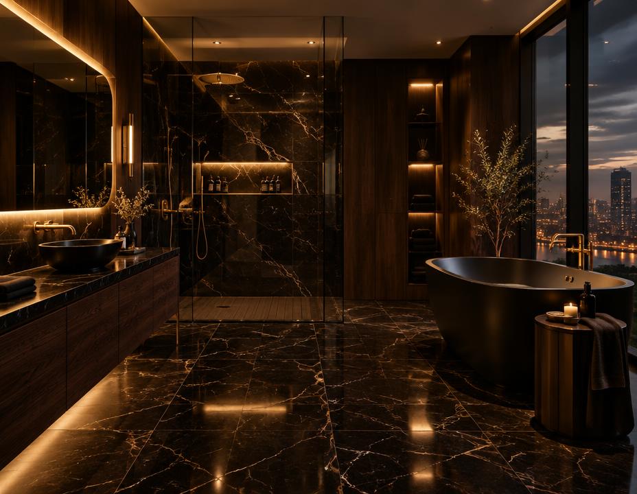 Premium-Bad mit Marmor, dunklem Holz und Designer-Wanne