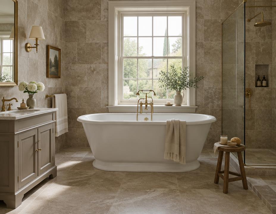 Zeitloses Bad mit Naturstein und freistehender Badewanne