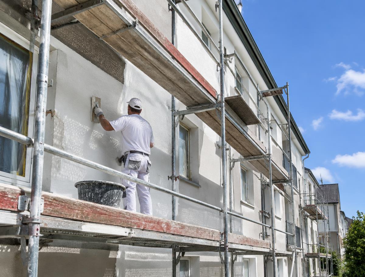 Fassadensanierung: Handwerker verputzt eine Gebäudefassade vom Gerüst aus