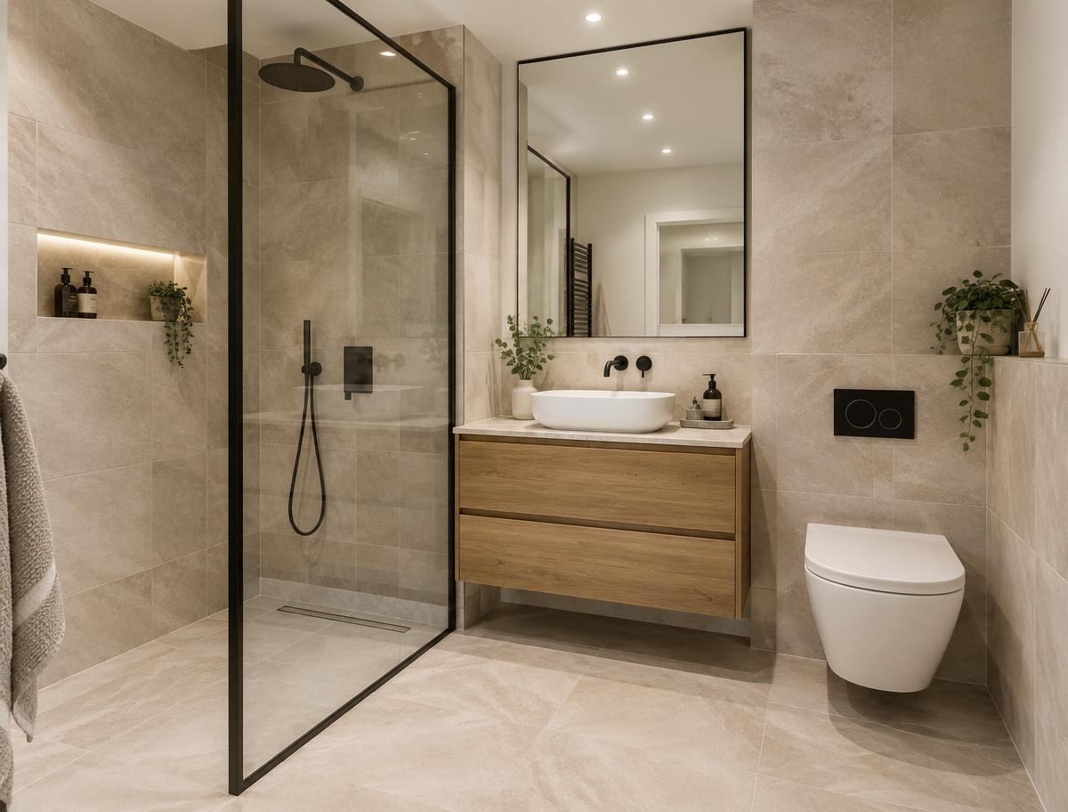 Fertiges Komplettbad mit begehbarer Dusche und Holzwaschtisch