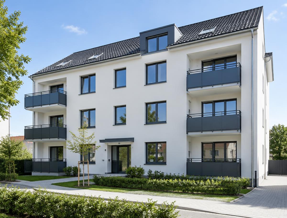 Sanierte helle Gebäudefassade mit neuen Fenstern