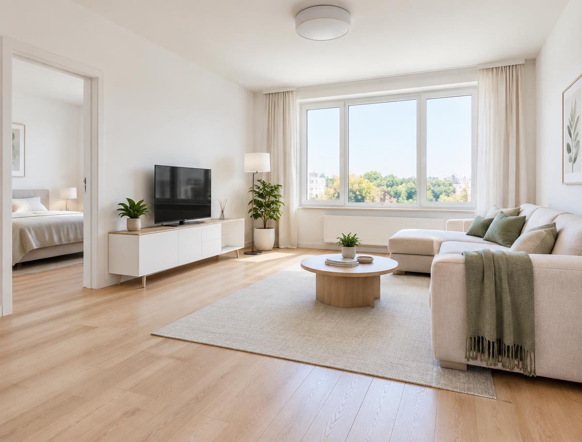 Nachher: vollständig saniertes, helles Wohnzimmer mit Parkett