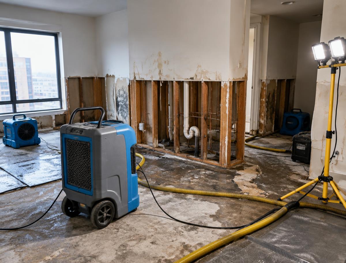 Vorher: Wohnung mit Wasserschaden, Trocknungsgeräte und Rückbau
