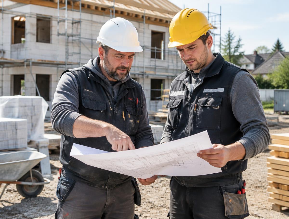 Zwei Handwerker von FAP besprechen einen Bauplan auf der Baustelle
